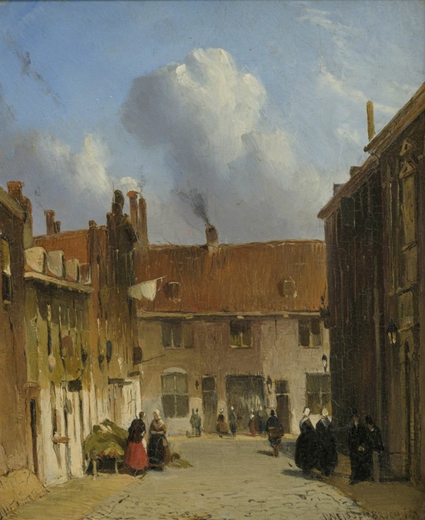 Cityscape with many figures by Jan Hendrik Weissenbruch